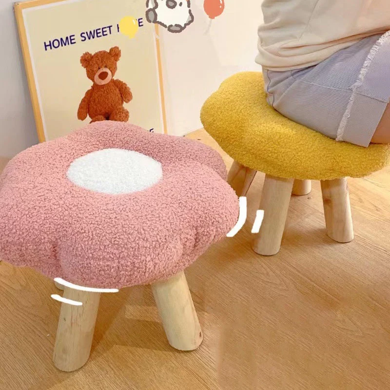 Contemporary Creative Wood Sherpa Fabric Cotton Flower Footstool Backless For Entryway