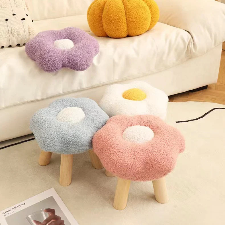 Contemporary Creative Wood Sherpa Fabric Cotton Flower Footstool Backless For Entryway