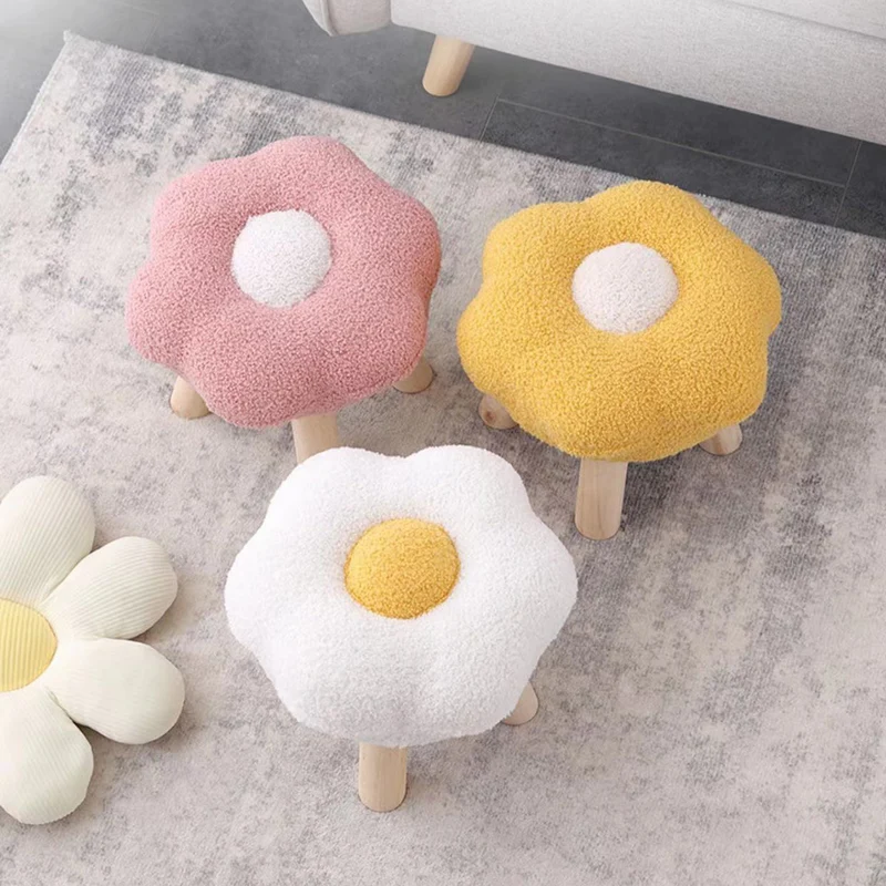 Contemporary Creative Wood Sherpa Fabric Cotton Flower Footstool Backless For Entryway