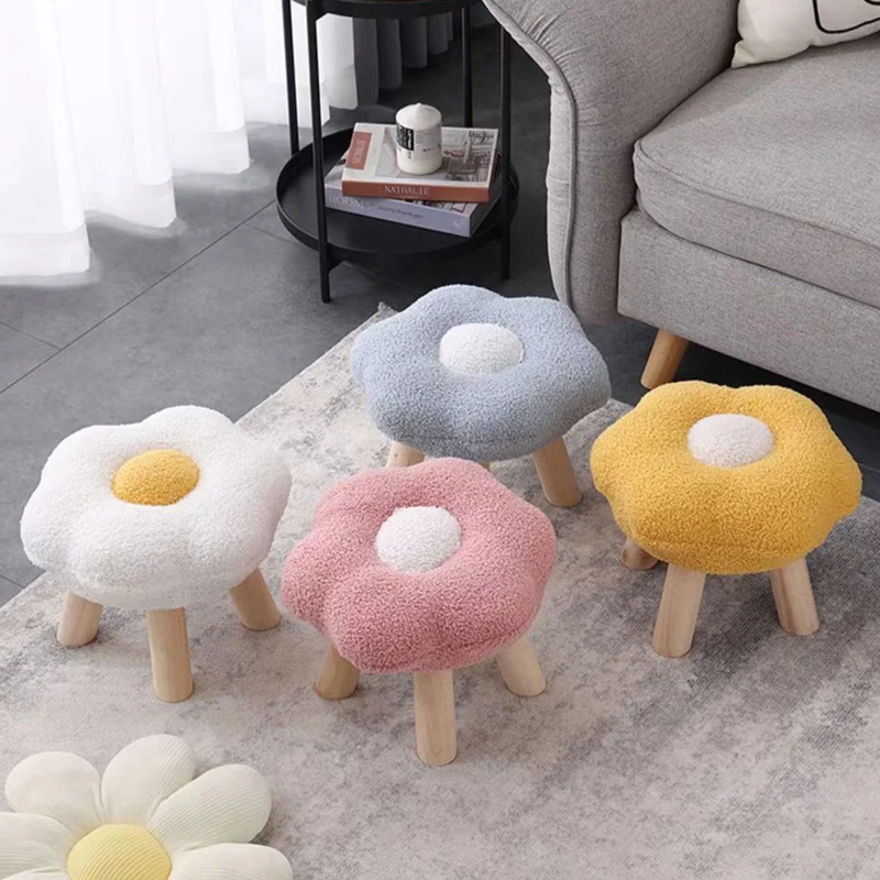Contemporary Creative Wood Sherpa Fabric Cotton Flower Footstool Backless For Entryway