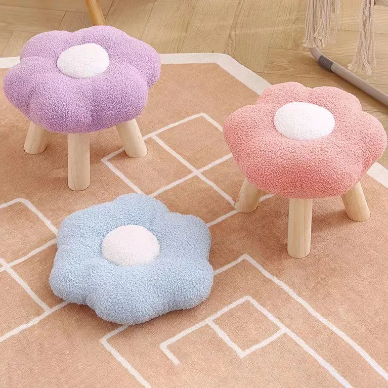 Contemporary Creative Wood Sherpa Fabric Cotton Flower Footstool Backless For Entryway