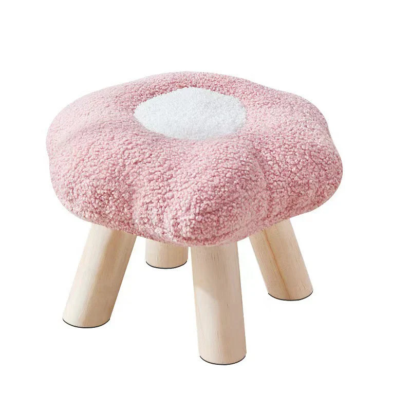 Contemporary Creative Wood Sherpa Fabric Cotton Flower Footstool Backless For Entryway