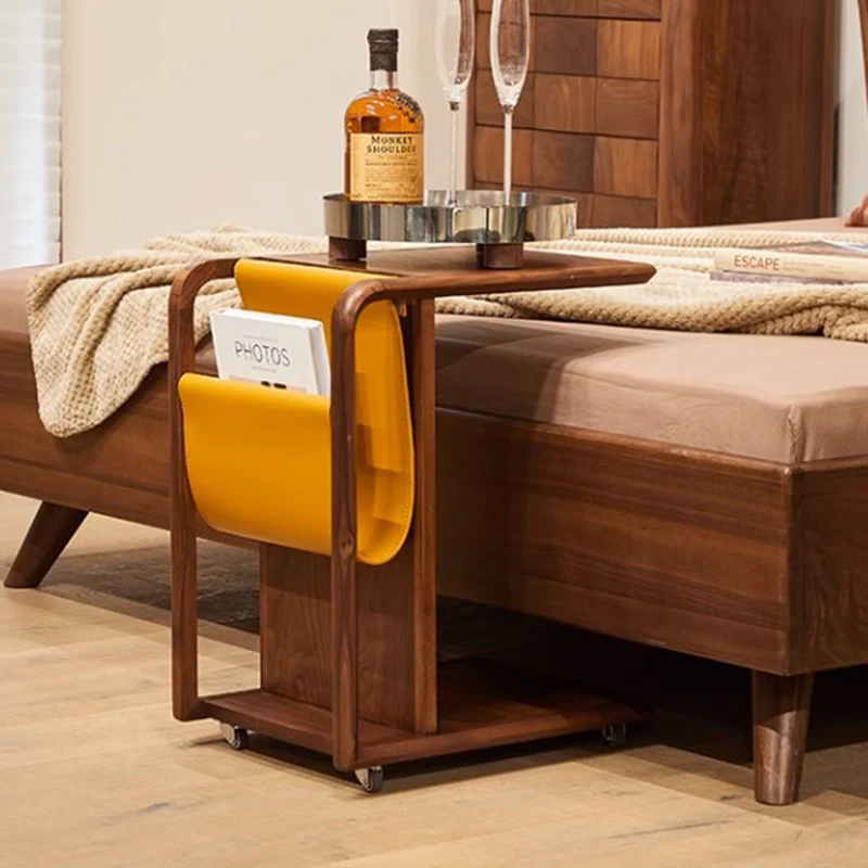 Modern Minimalist Removable Rectangular Walnut Wood Saddle-Style Faux Leather End Table 2-Tier For Living Room
