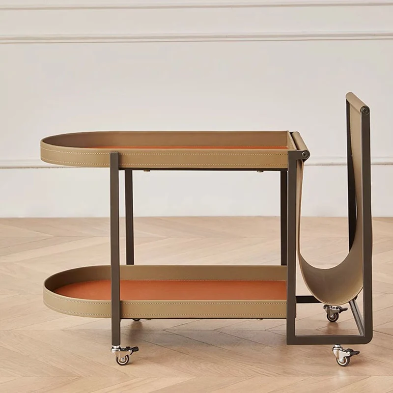 Contemporary Nordic Removable Rectangular Round Corner Carbon Steel Saddle-Style Faux Leather End Table 2-Tier For Living Room