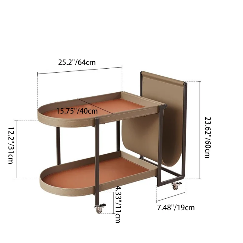 Contemporary Nordic Removable Rectangular Round Corner Carbon Steel Saddle-Style Faux Leather End Table 2-Tier For Living Room