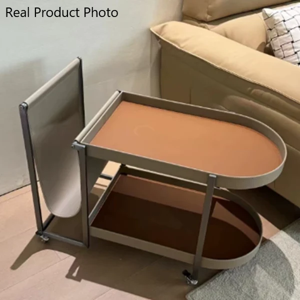 Contemporary Nordic Removable Rectangular Round Corner Carbon Steel Saddle-Style Faux Leather End Table 2-Tier For Living Room