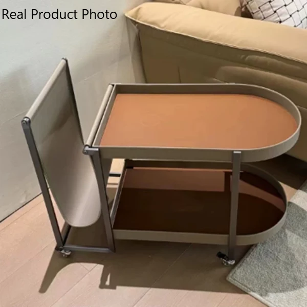 Contemporary Nordic Removable Rectangular Round Corner Carbon Steel Saddle-Style Faux Leather End Table 2-Tier For Living Room