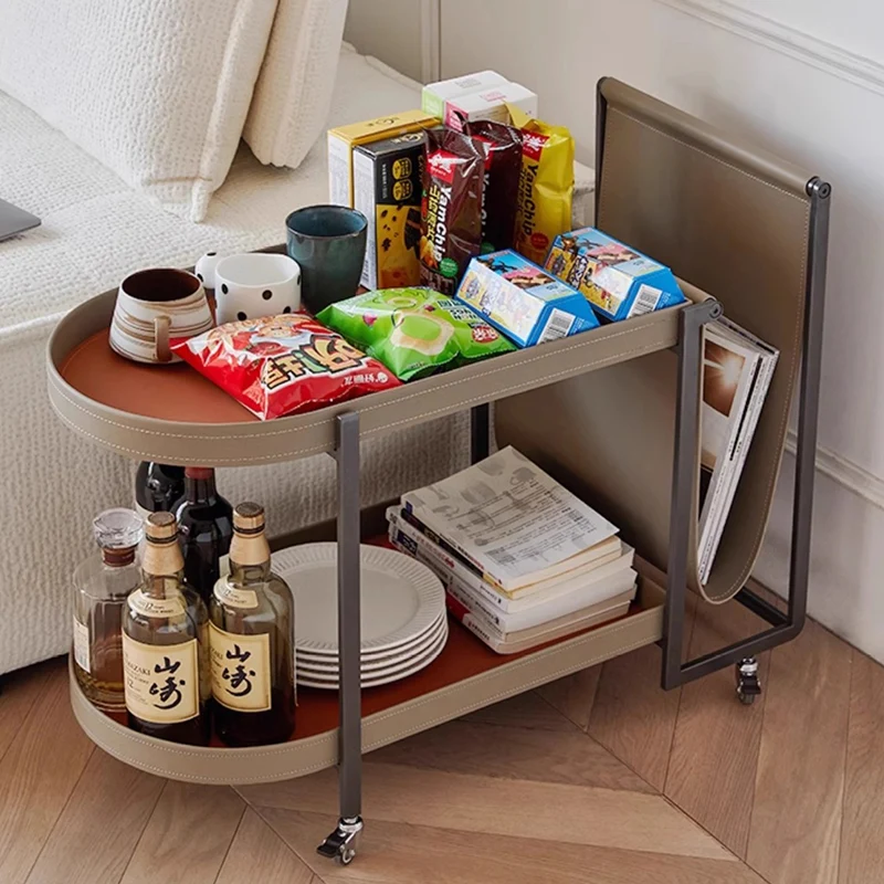 Contemporary Nordic Removable Rectangular Round Corner Carbon Steel Saddle-Style Faux Leather End Table 2-Tier For Living Room