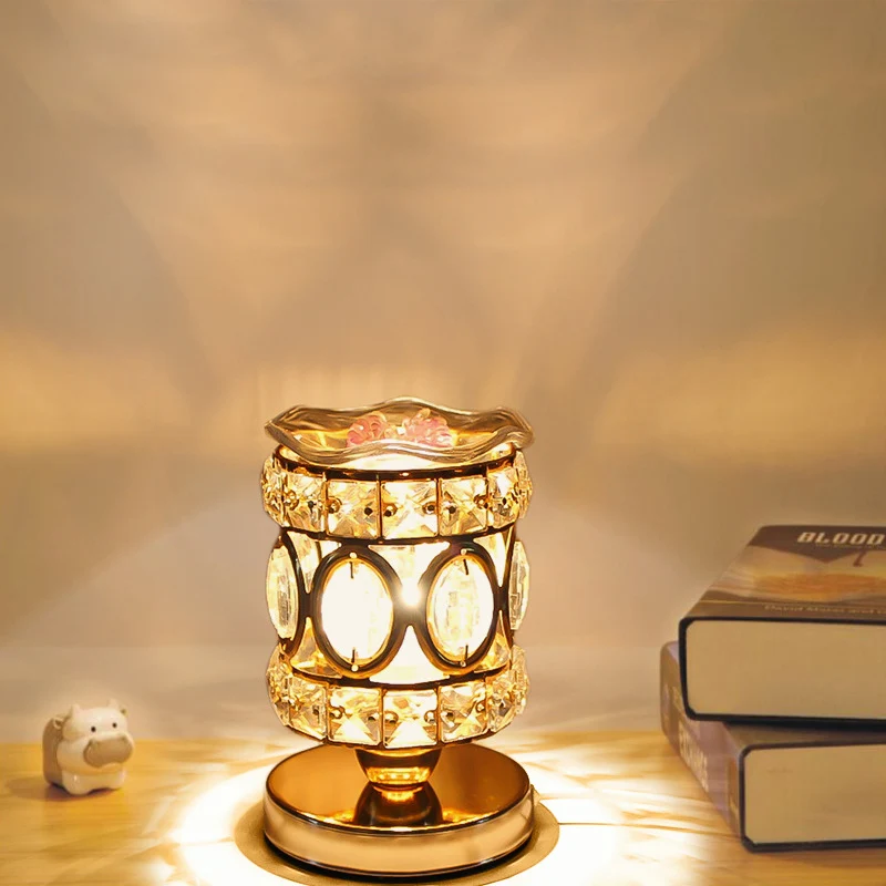 Modern Luxury Cylinder Round Iron Crystal 1-Light Aroma Melting Wax Table Lamp For Bedroom