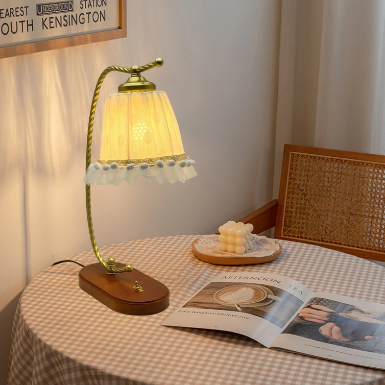 Traditional French Fabric Metal Wood Lace Conic 1-Light Table Lamp For Bedside