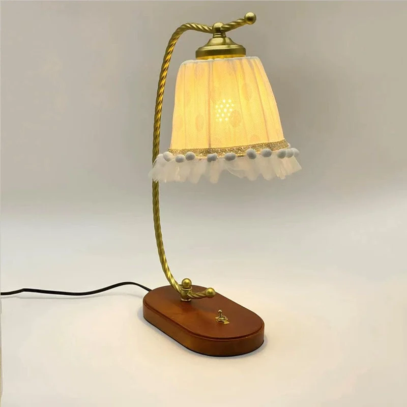 Traditional French Fabric Metal Wood Lace Conic 1-Light Table Lamp For Bedside
