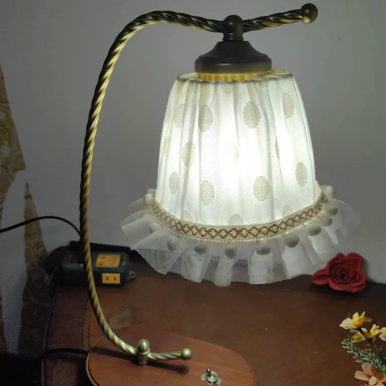 Traditional French Fabric Metal Wood Lace Conic 1-Light Table Lamp For Bedside