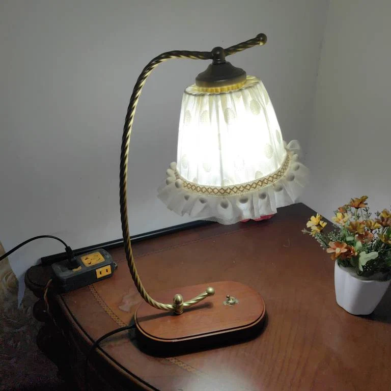 Traditional French Fabric Metal Wood Lace Conic 1-Light Table Lamp For Bedside