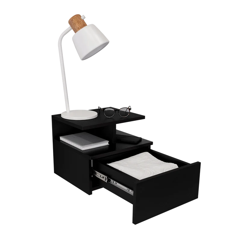 Mesa de Noche Flotante Nube, Wengue con un Cajón y División de Dos Entrepaños ZF