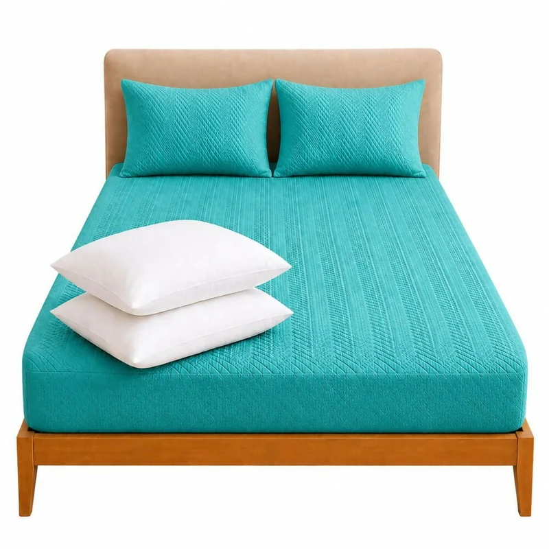 Combo Protector Colchon + 2 Almohadas Siliconadas Doble Turquesa