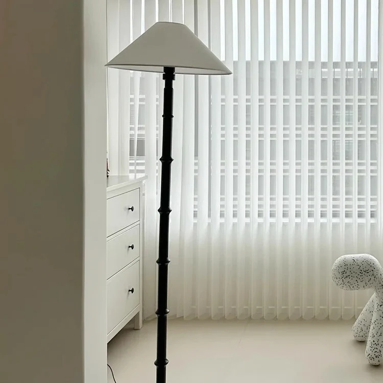 Traditional French Cone Imitation Bamboo Joint Base Wood Fabric 1-Light Standing Floor Lamp For Living Room