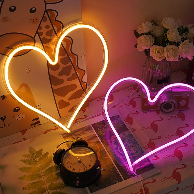 Contemporary Creative Waterproof Acrylic Heart Love Neon Light USB LED Table Lamp For Bedroom