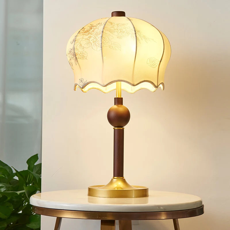 Traditional Vintage Flower Pattern Fabric Shade Wood Iron Rod 2-Light Table Lamp For Study