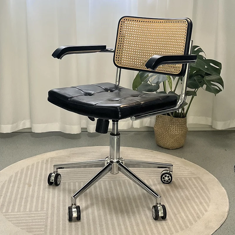 Contemporary Retro Weaving Rattan PU Leather Steel Alloy Liftable Square Desk Chair Backrest For Home Office