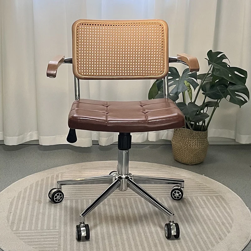 Contemporary Retro Weaving Rattan PU Leather Steel Alloy Liftable Square Desk Chair Backrest For Home Office