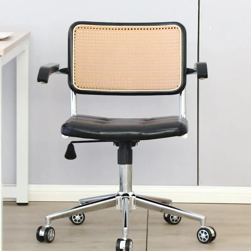 Contemporary Retro Weaving Rattan PU Leather Steel Alloy Liftable Square Desk Chair Backrest For Home Office