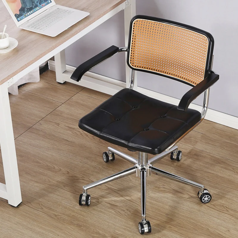 Contemporary Retro Weaving Rattan PU Leather Steel Alloy Liftable Square Desk Chair Backrest For Home Office