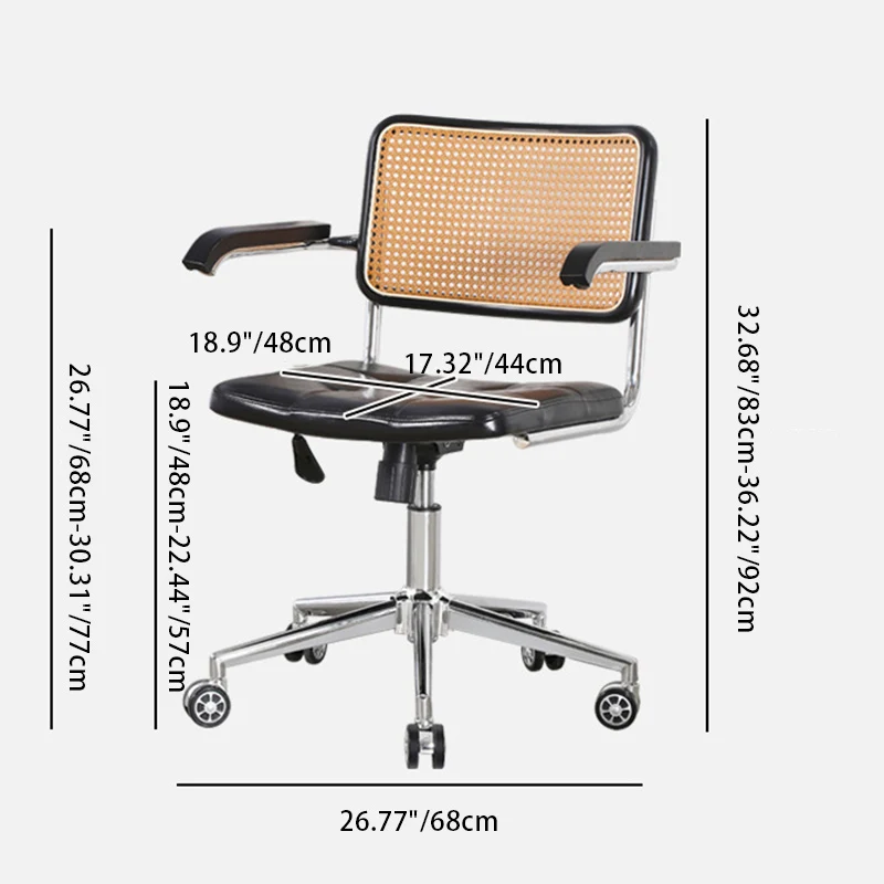 Contemporary Retro Weaving Rattan PU Leather Steel Alloy Liftable Square Desk Chair Backrest For Home Office
