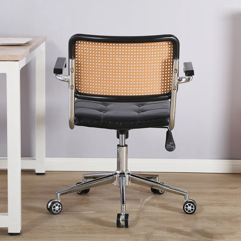 Contemporary Retro Weaving Rattan PU Leather Steel Alloy Liftable Square Desk Chair Backrest For Home Office