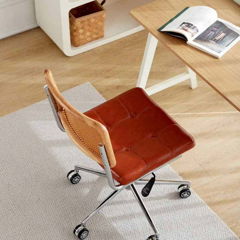 Contemporary Retro Weaving Rattan PU Leather Steel Alloy Liftable Square Desk Chair Backrest For Home Office