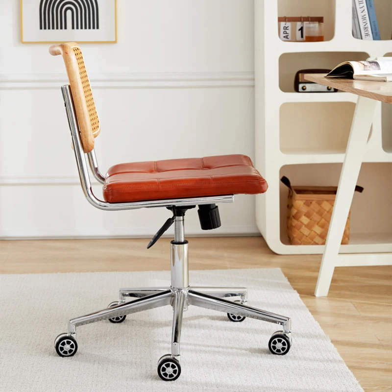 Contemporary Retro Weaving Rattan PU Leather Steel Alloy Liftable Square Desk Chair Backrest For Home Office