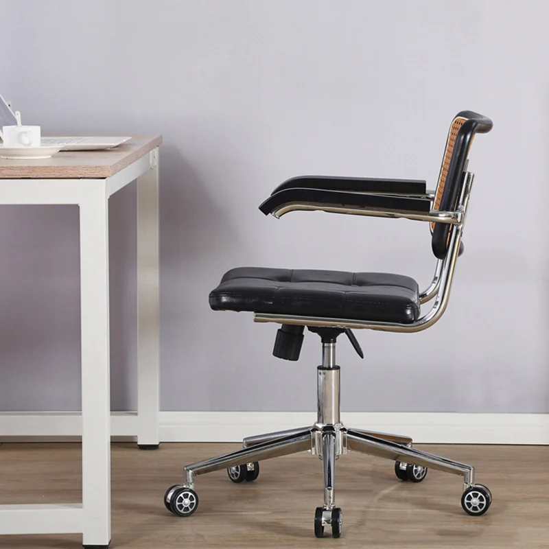 Contemporary Retro Weaving Rattan PU Leather Steel Alloy Liftable Square Desk Chair Backrest For Home Office