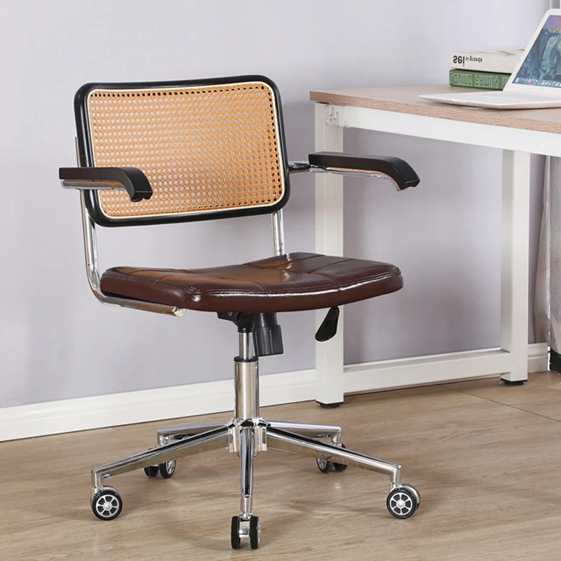 Contemporary Retro Weaving Rattan PU Leather Steel Alloy Liftable Square Desk Chair Backrest For Home Office
