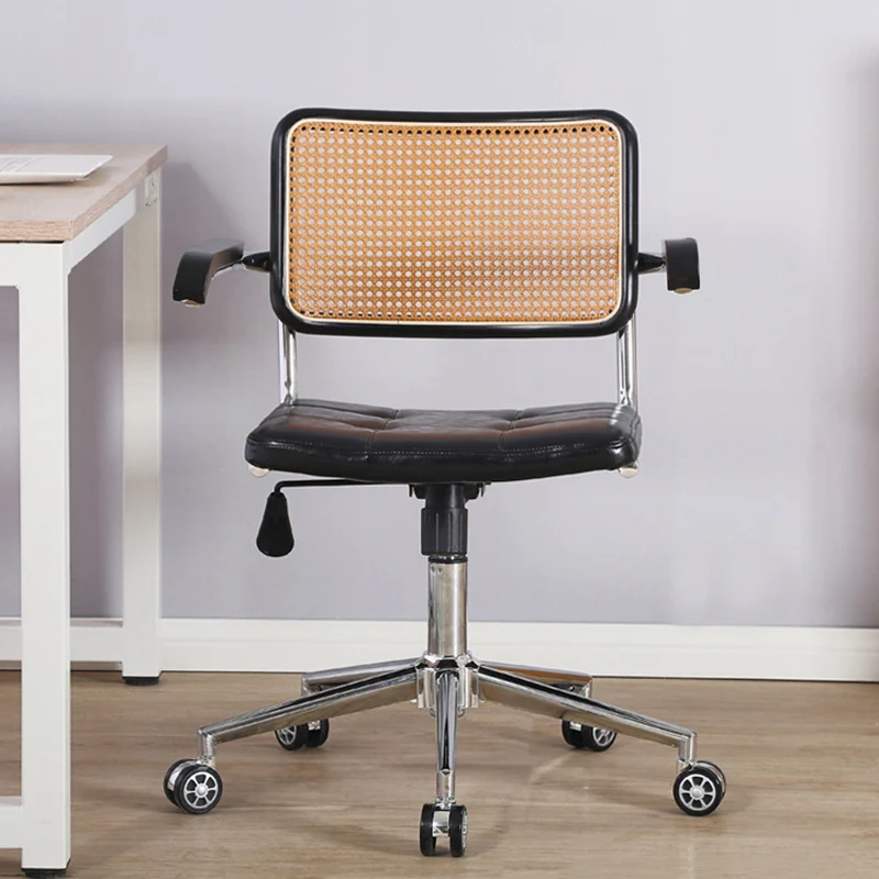 Contemporary Retro Weaving Rattan PU Leather Steel Alloy Liftable Square Desk Chair Backrest For Home Office