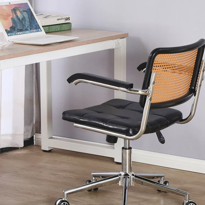Contemporary Retro Weaving Rattan PU Leather Steel Alloy Liftable Square Desk Chair Backrest For Home Office
