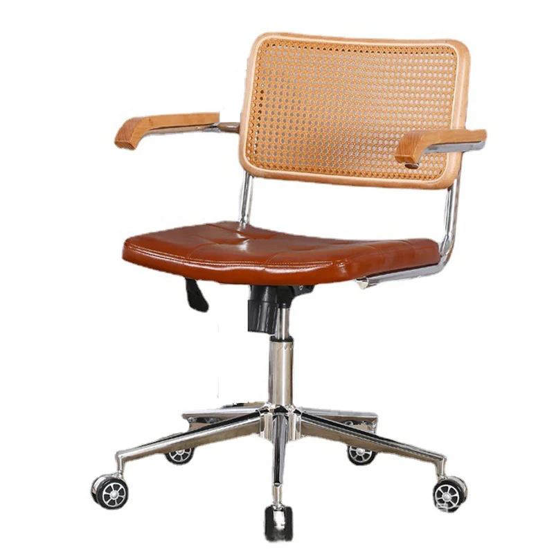 Contemporary Retro Weaving Rattan PU Leather Steel Alloy Liftable Square Desk Chair Backrest For Home Office