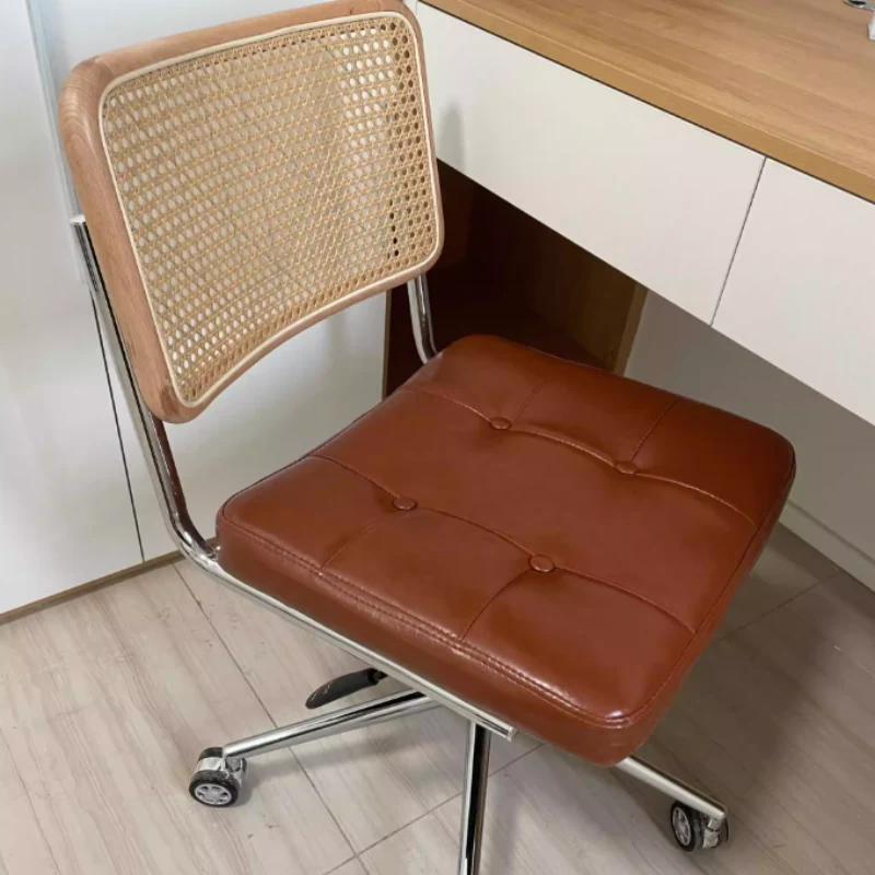 Contemporary Retro Weaving Rattan PU Leather Steel Alloy Liftable Square Desk Chair Backrest For Home Office