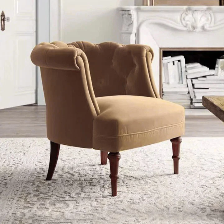 Traditional French Curved Velvet Pine Wood Plywood Accent Chair Backrest Armrest Footless For Living Room