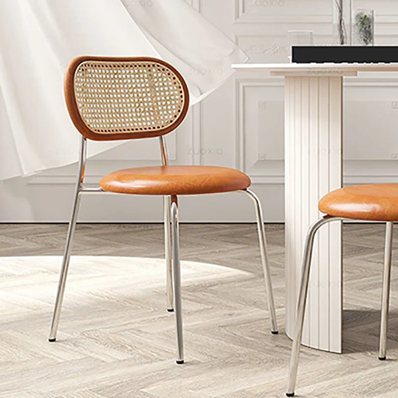 Contemporary Nordic Round PU Leather Faux Rattan Weaving Iron Chair Backrest For Living Room