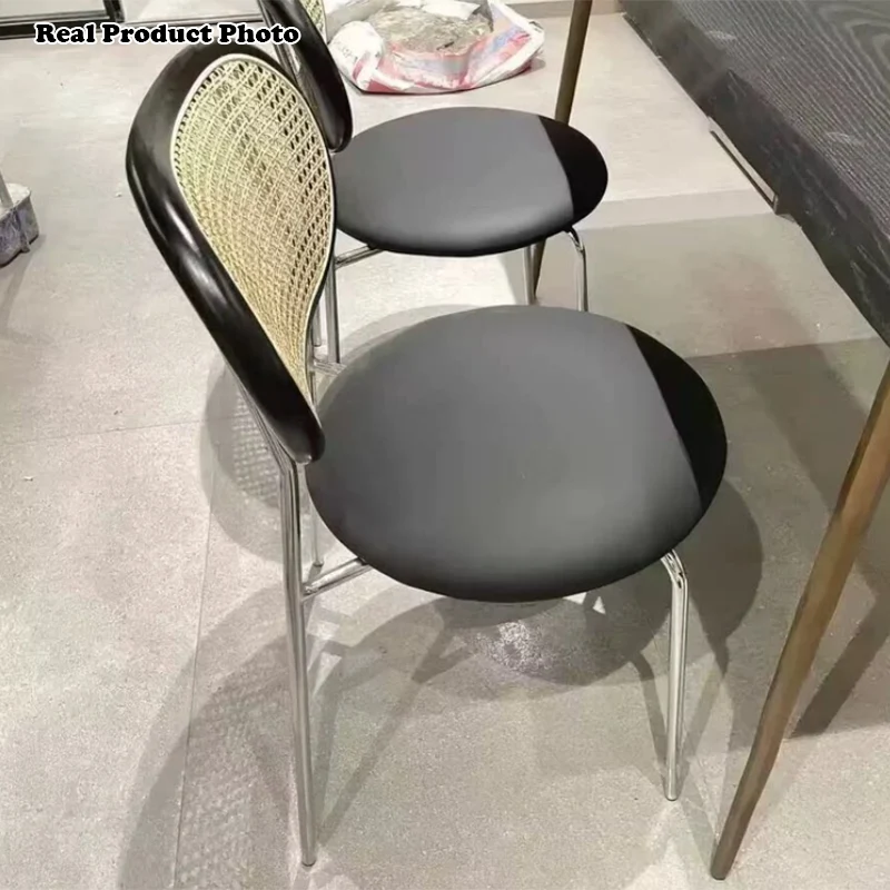 Contemporary Nordic Round PU Leather Faux Rattan Weaving Iron Chair Backrest For Living Room