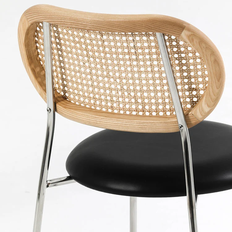 Contemporary Nordic Round PU Leather Faux Rattan Weaving Iron Chair Backrest For Living Room