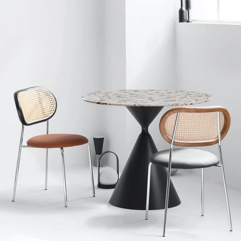 Contemporary Nordic Round PU Leather Faux Rattan Weaving Iron Chair Backrest For Living Room