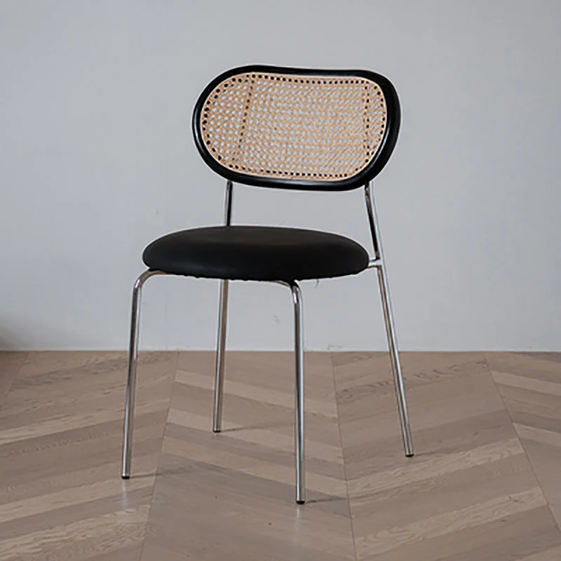 Contemporary Nordic Round PU Leather Faux Rattan Weaving Iron Chair Backrest For Living Room
