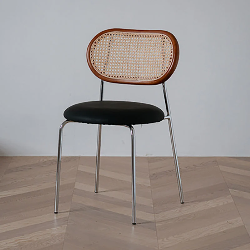 Contemporary Nordic Round PU Leather Faux Rattan Weaving Iron Chair Backrest For Living Room