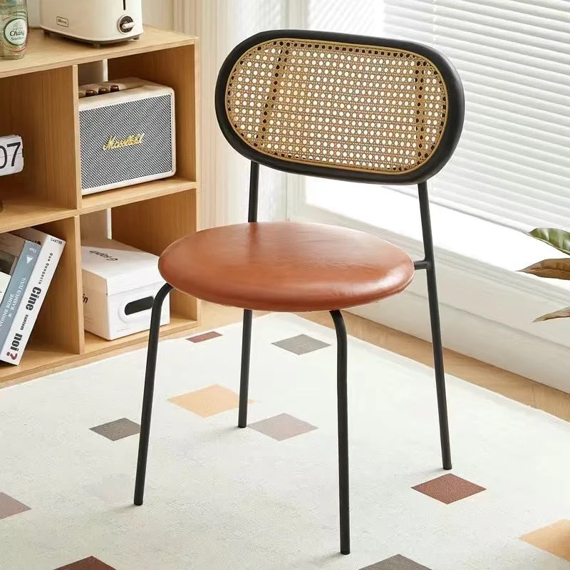 Contemporary Nordic Round PU Leather Faux Rattan Weaving Iron Chair Backrest For Living Room