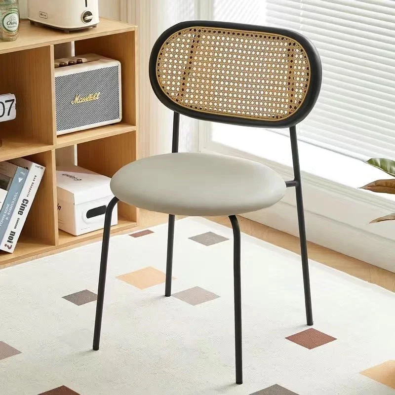 Contemporary Nordic Round PU Leather Faux Rattan Weaving Iron Chair Backrest For Living Room