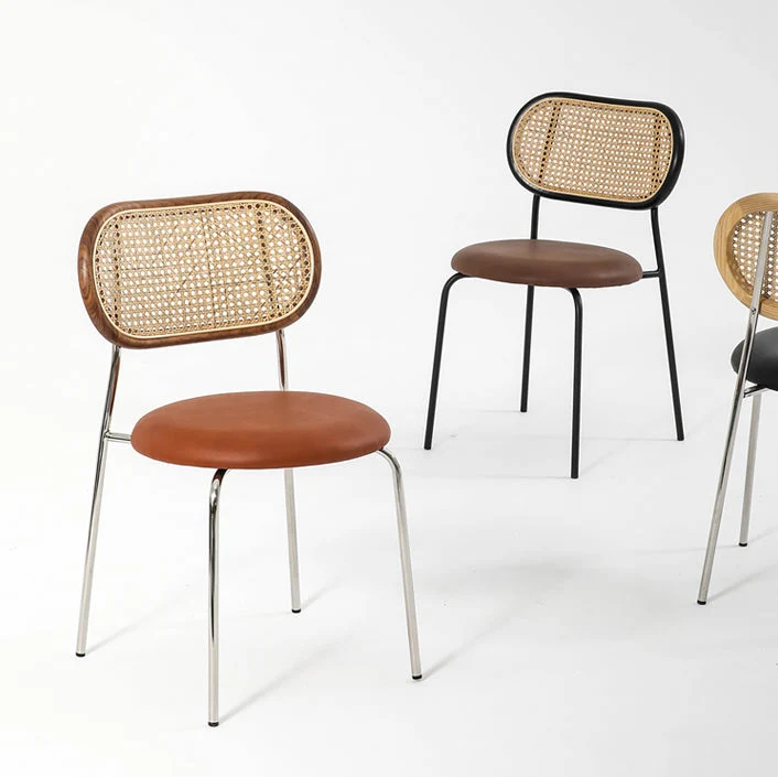 Contemporary Nordic Round PU Leather Faux Rattan Weaving Iron Chair Backrest For Living Room