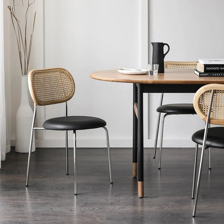 Contemporary Nordic Round PU Leather Faux Rattan Weaving Iron Chair Backrest For Living Room