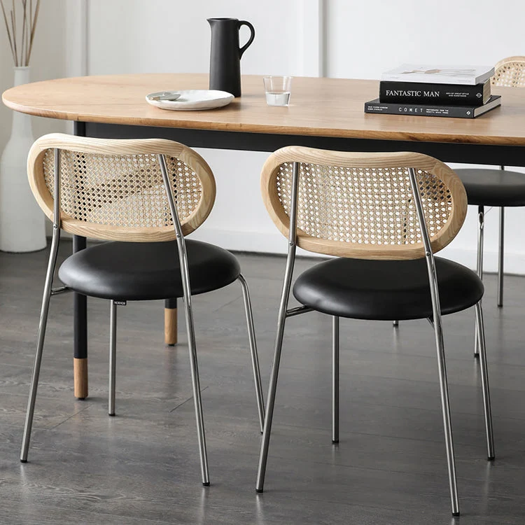 Contemporary Nordic Round PU Leather Faux Rattan Weaving Iron Chair Backrest For Living Room