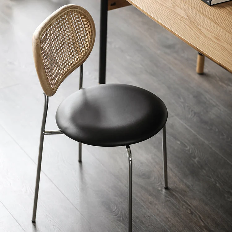 Contemporary Nordic Round PU Leather Faux Rattan Weaving Iron Chair Backrest For Living Room