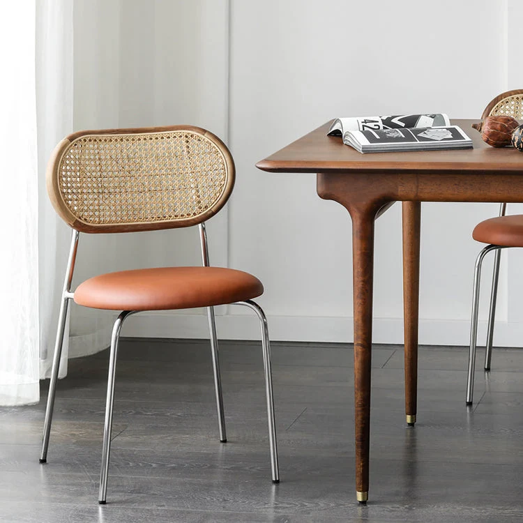 Contemporary Nordic Round PU Leather Faux Rattan Weaving Iron Chair Backrest For Living Room